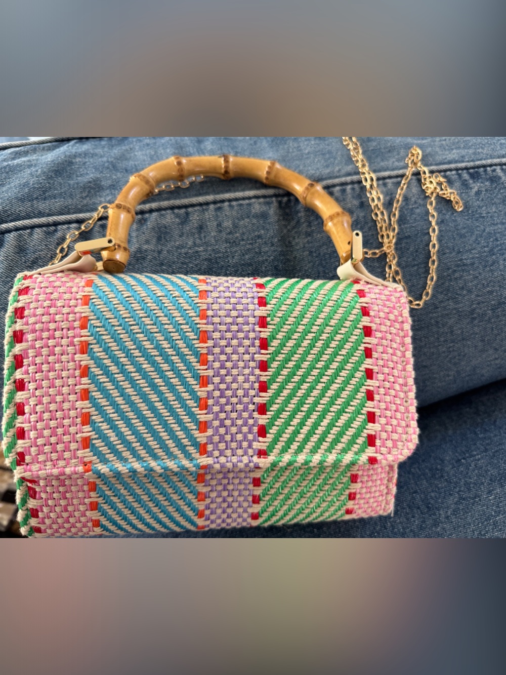 Woven Multicolor Handbag with Bamboo Handle
